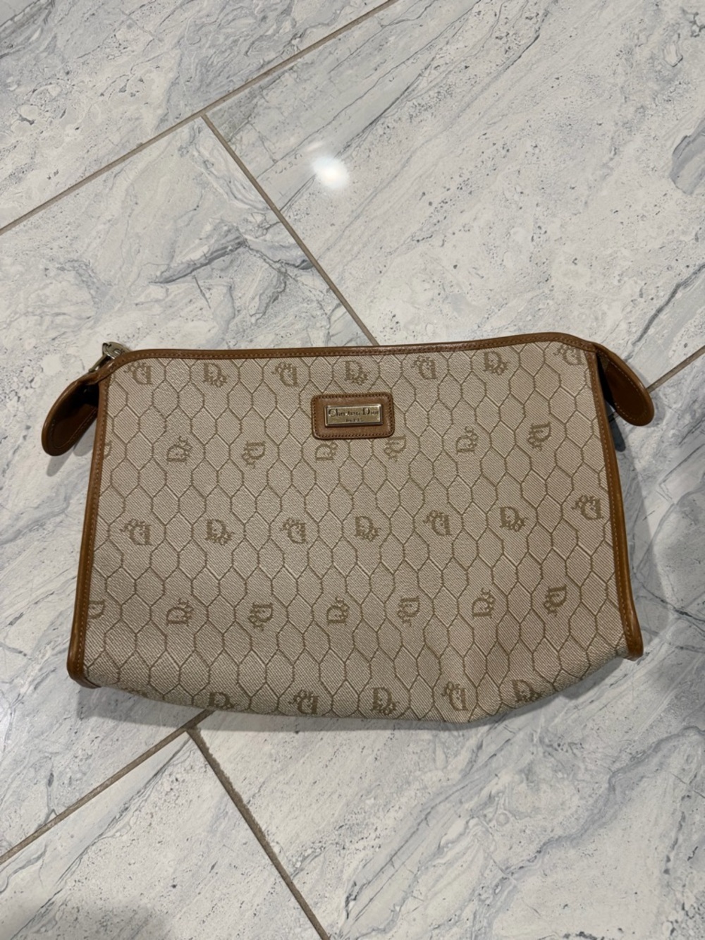 Dior Beige Monogram Canvas Toiletry Pouch with Brown Trim